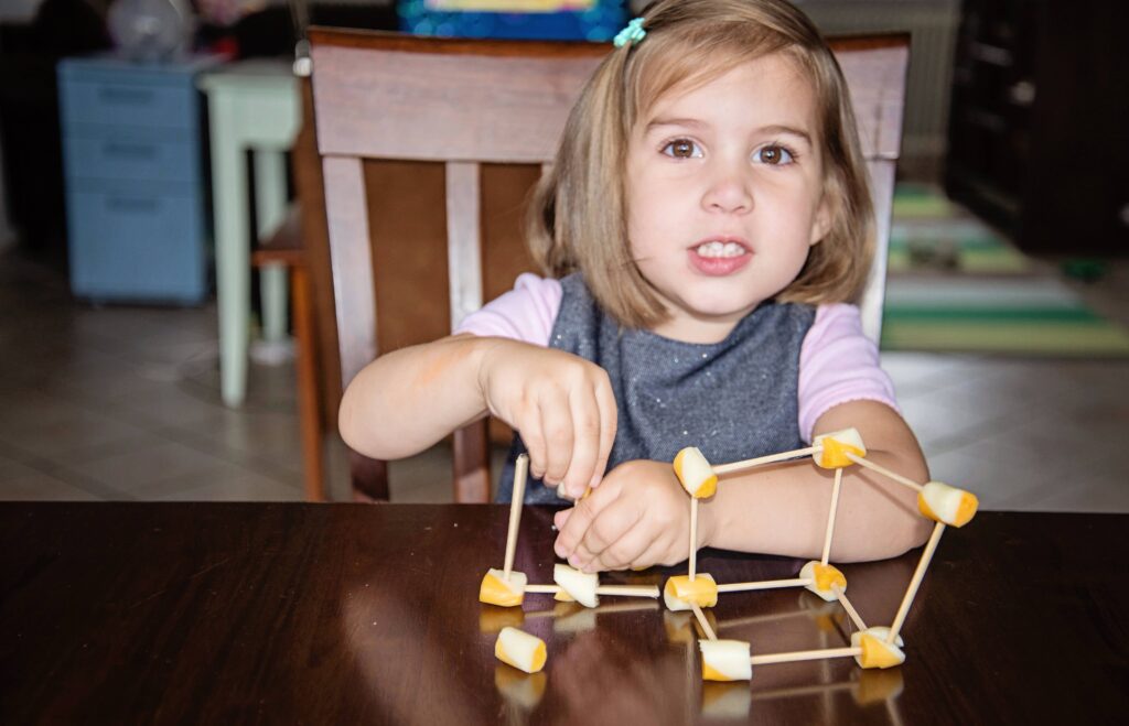 molecule munchies, an edible busy bag with cheese and toothpicks.